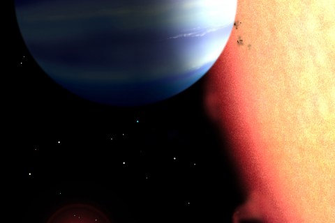 An artist's conception of a hot-Jupiter  extrasolar planet orbiting a star similar to tau Boötes. 